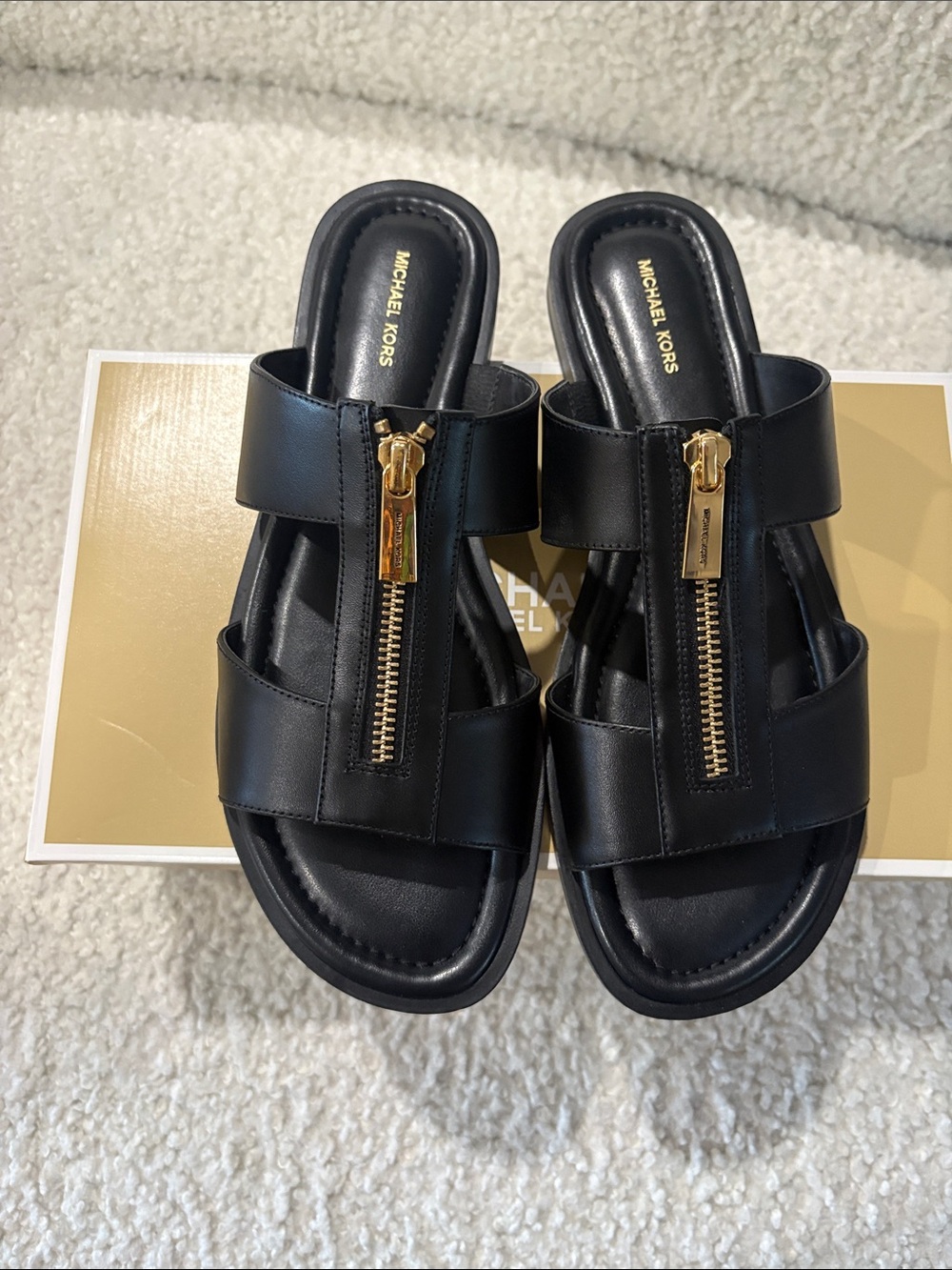 Michael Kors Berkley Black Leather Slide Sandals with Gold Zip Detail